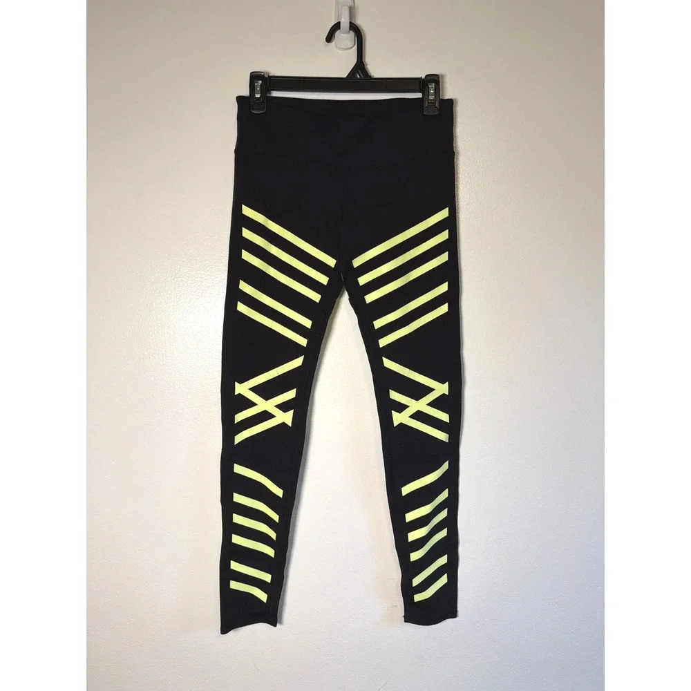 Alo Yoga Women Airbrush Glow Black Neon Yellow Geometric Stripe Leggings Size S